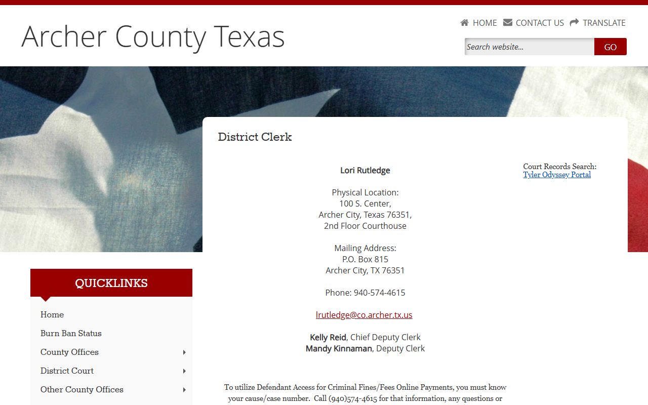 Archer County court records after jail arrest District Clerk search page